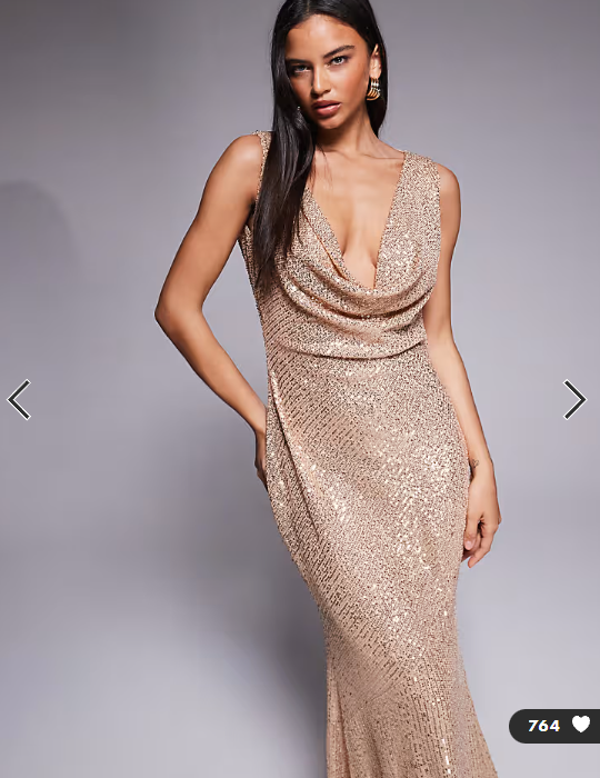 TFNC cowl neck maxi dress with open back in gold sequin