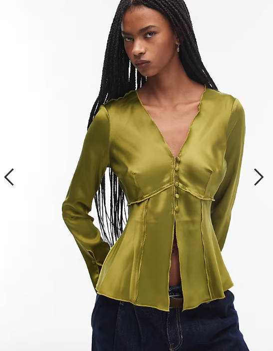 ASOS DESIGN tie front long sleeve satin top in olive
