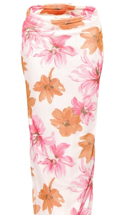 Orange Floral Print Mesh Low Rise Midaxi Skirt