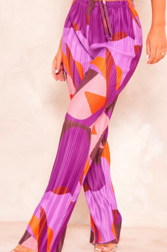 Plt - Pink Print Plisse High Waist Wide Leg Trousers