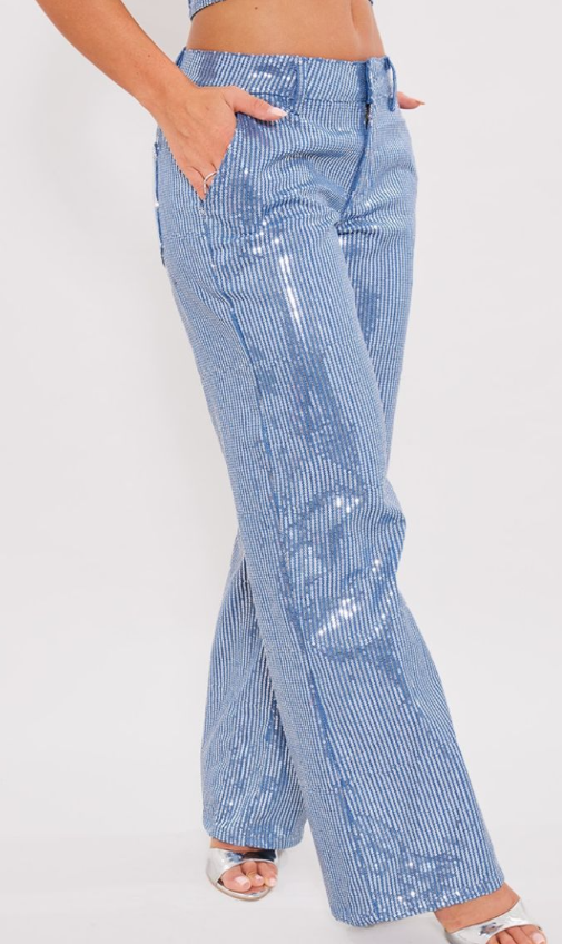 Light Blue Wash Sequin Wide Leg Jean