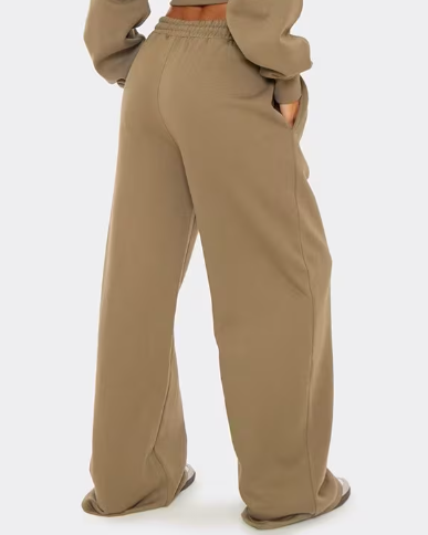 Drawstring Waist Wide Leg Joggers In Washed Khaki
