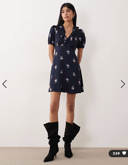 Nobody's Child Fae frill v neck puff sleeve mini dress in navy floral