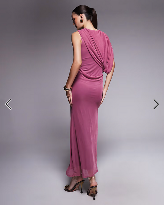 ASOS DESIGN mesh draped one shoulder midi dress in dark cherry