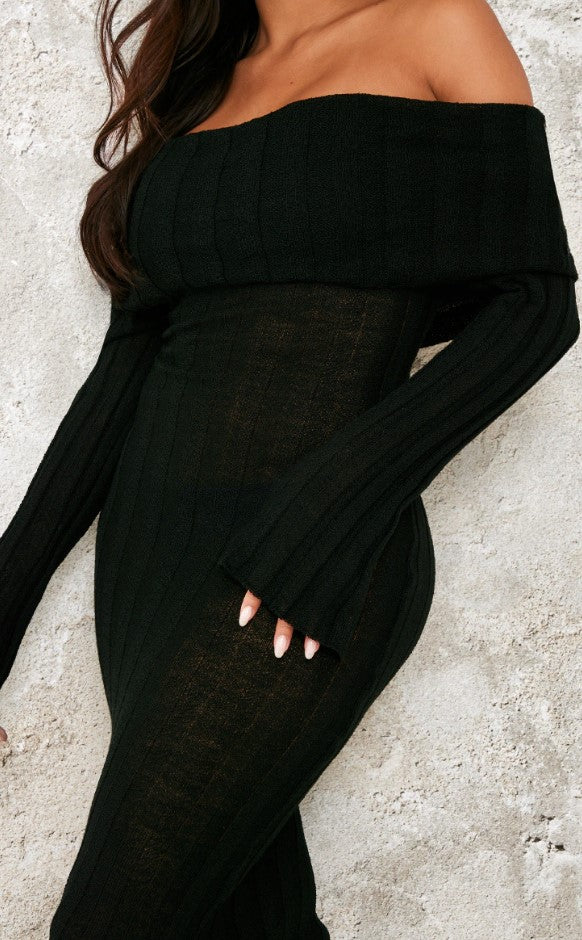 Shape Black Fold Over Bardot Rib Maxi Dress