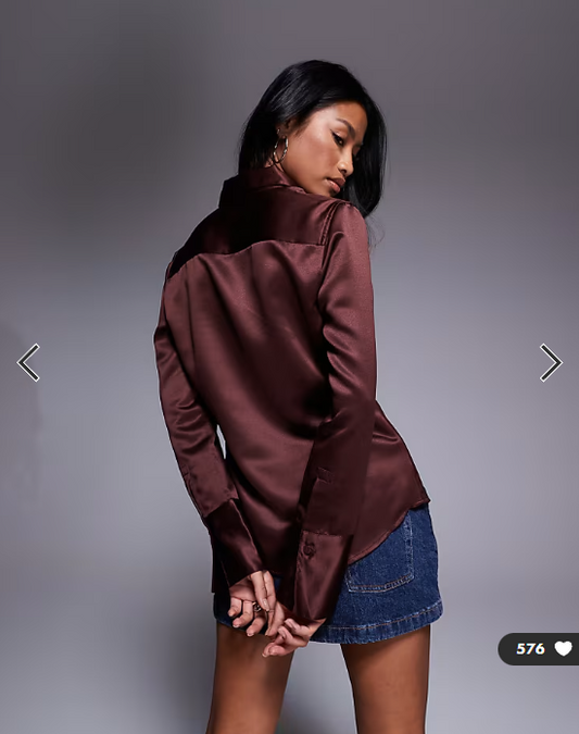 ASOS DESIGN slim fitted satin shirt in chocolate