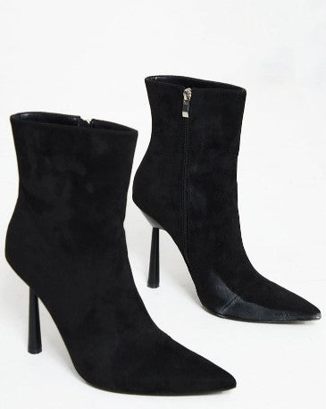 Black Faux Suede Point Toe Sock Heeled Ankle Boots