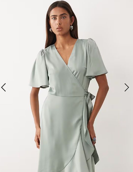 YAS satin wrap midi dress in sage green
