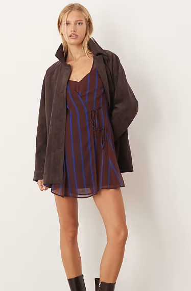 ASOS DESIGN wrap mini dress with ties in burgundy stripe