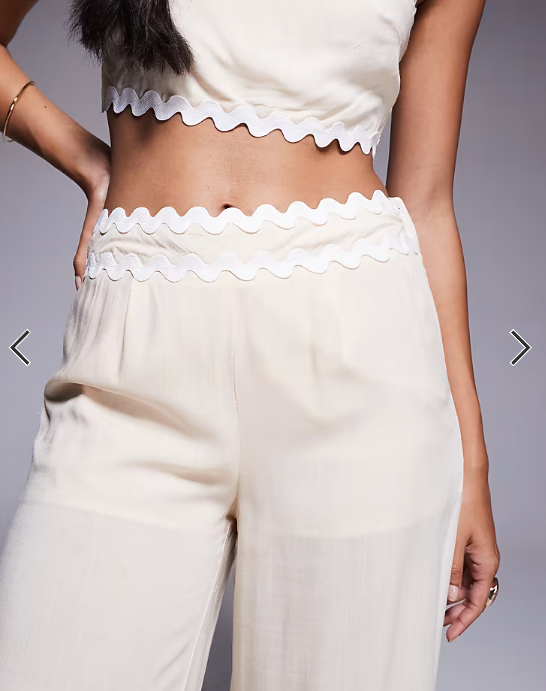 Missyempire cotton scallop trim waist detail wide leg trousers co-ord in beige