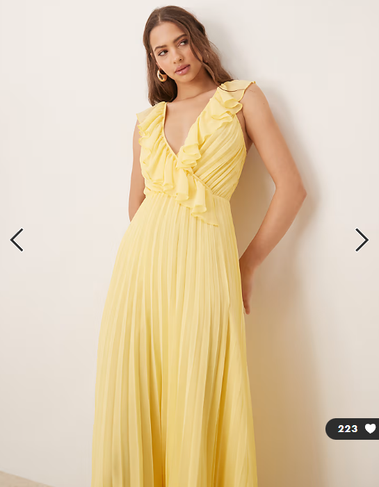 ASOS DESIGN frill wrap detail pleated midi dress in lemon yellow