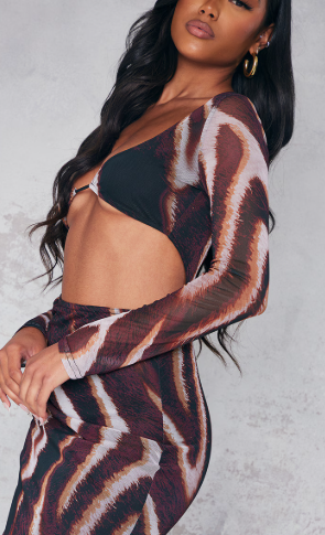 Brown Animal Mesh Cup Long Sleeve Maxi Dress | Dresses