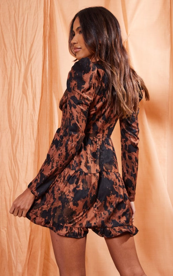 Chocolate Abstract Puff Sleeve Frill Hem Tea Dress