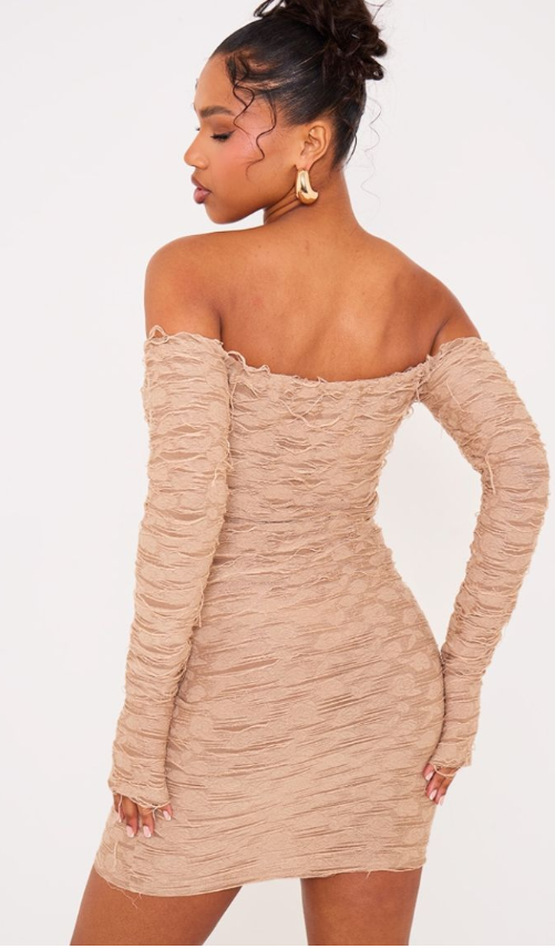 Plt - Beige Textured Bardot Long Sleeve Cup Detail Tie Front Mini Dress