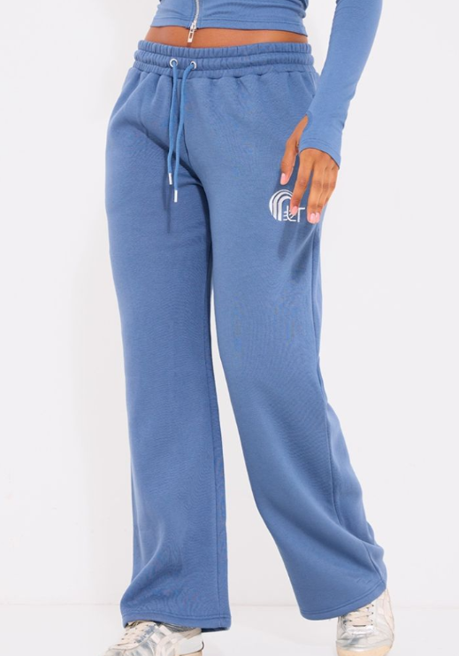 Blue Embroidered Graphic Wide Leg Joggers