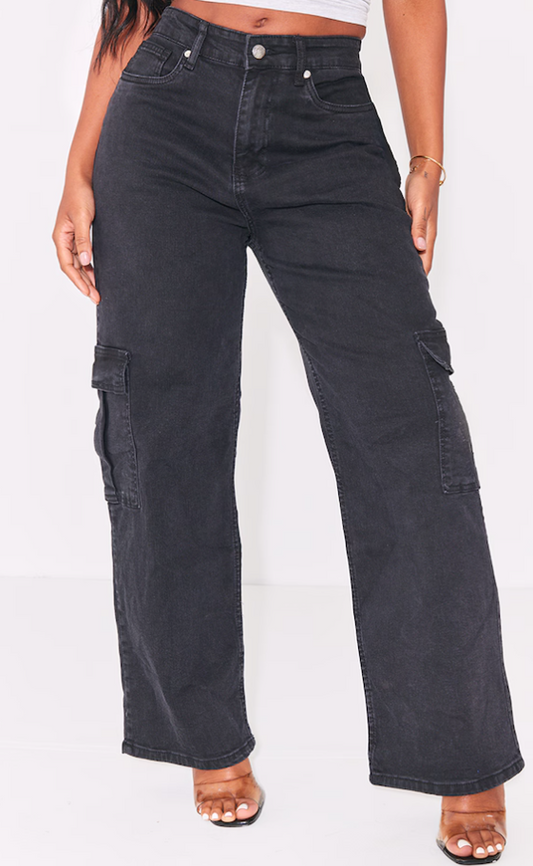 Shape Washed Black Cargo Wide Leg Jeans