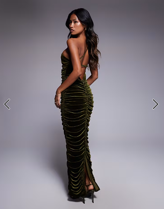 TFNC ruched one shoulder maxi dress in olive green velvet