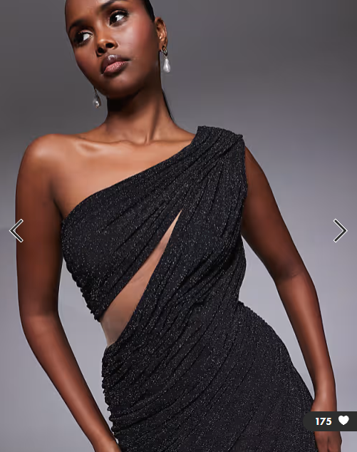 JLUXLABEL Aura one shoulder draped cut out asymmetric midi dress in black glitter