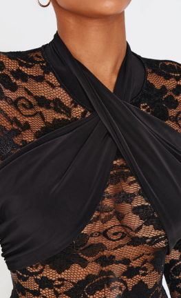 Shape Black Drape Detail Lace Bodysuit