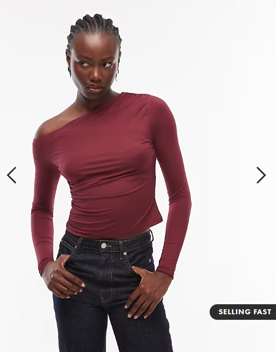 ASOS DESIGN slinky off shoulder ruched detail long sleeve top in burgundy