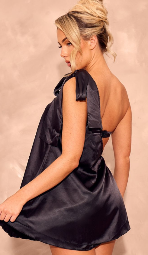 Black Satin One Shoulder Cut Out Floaty Skort Playsuit