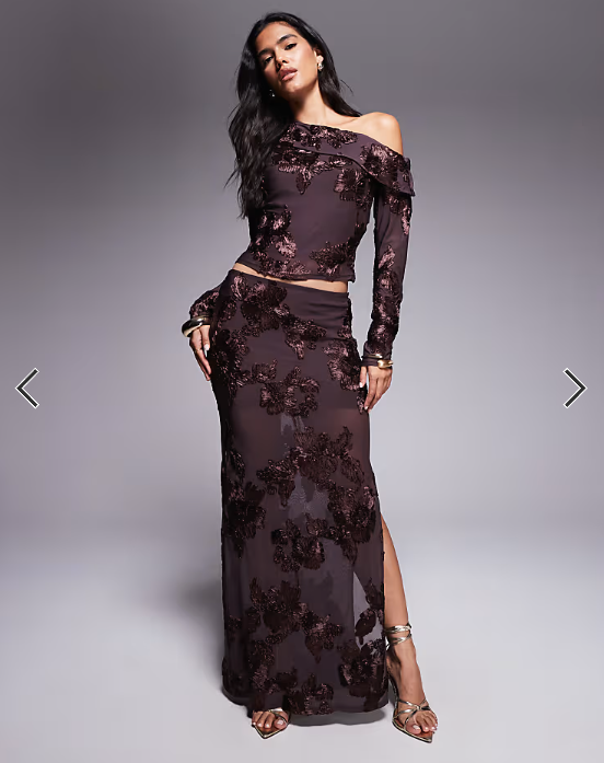 Kaiia exclusive textured floral asymmetric fallen shoulder long sleeve top in chocolate - part of a set