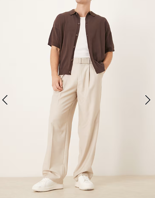 ASOS DESIGN smart wide leg belted trousers with front pleat in stone