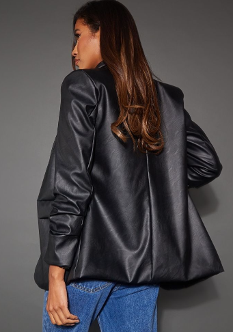 Black Faux Leather Ruched Sleeve Single Breasted Blazer