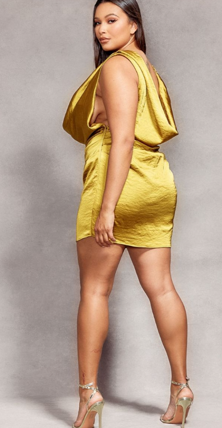 Designed by Naomi Campbell - Plus Chartreuse Satin Extreme Cowl Bodycon Dress