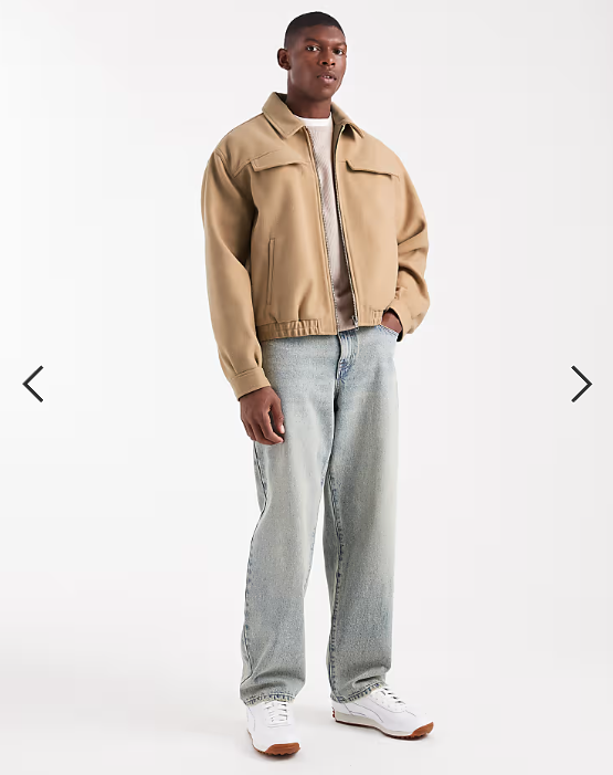 ASOS DESIGN boxy harrington jacket in wool look in camel