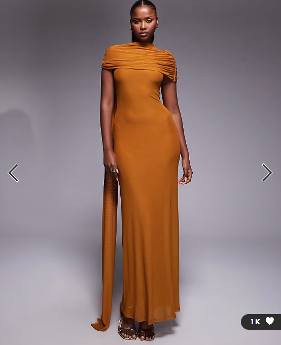 ASOS DESIGN mesh cape detail maxi dress with draped back in burnt yellow - YELLOW