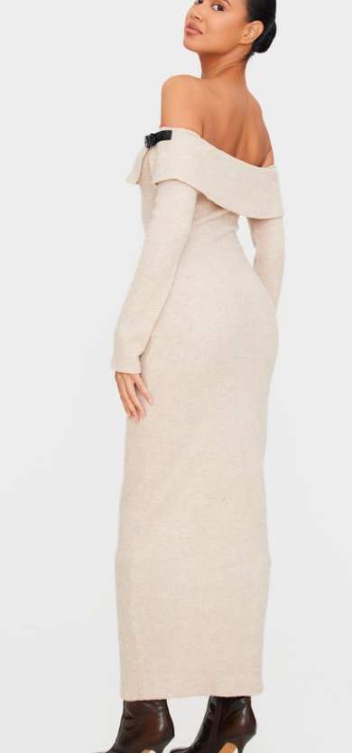 Stone Textured Bardot Belt Detail Maxi Dress