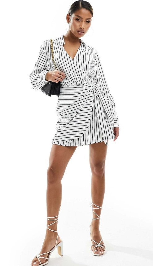 Abercrombie & Fitch long sleeve draped striped shirt dress in white