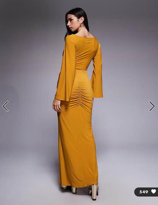 ASOS DESIGN long sleeve drape front maxi dress with gold fish trim in yellow