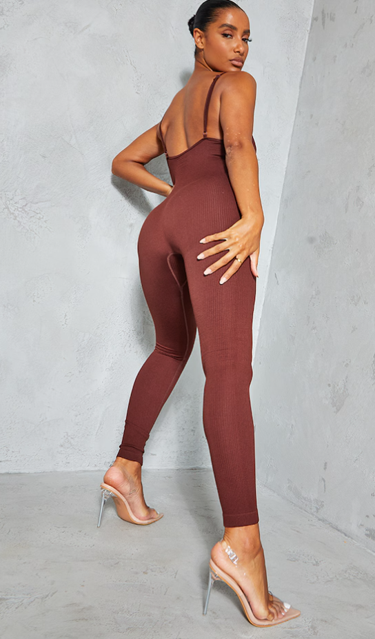 Chocolate Structured Snatched Rib Strappy Plunge Jumpsuit