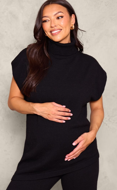 Maternity Black Knit Roll Neck Sleeveless Asymmetric Hem Top