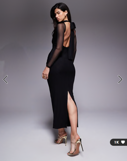 ASOS DESIGN mesh long sleeve twist bust detail halter maxi dress in black