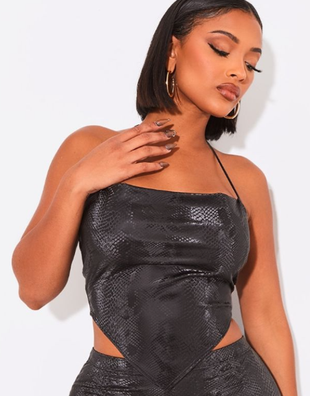 Shape Black Matte Faux Leather Snake Halterneck Top