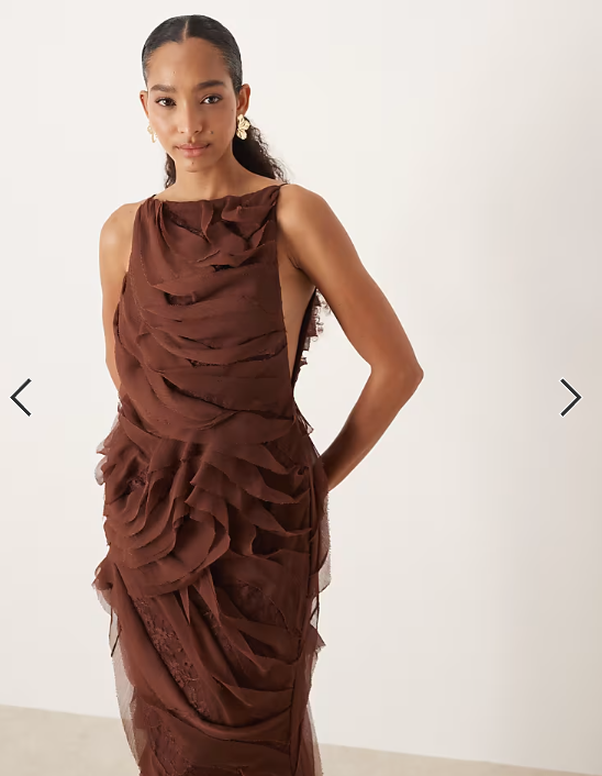 ASOS DESIGN high neck raw edge ruffle maxi dress with lace inserts in chocolate