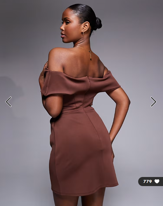 ASOS DESIGN off shoulder boned corset bodice mini dress in chocolate scuba-style fabric