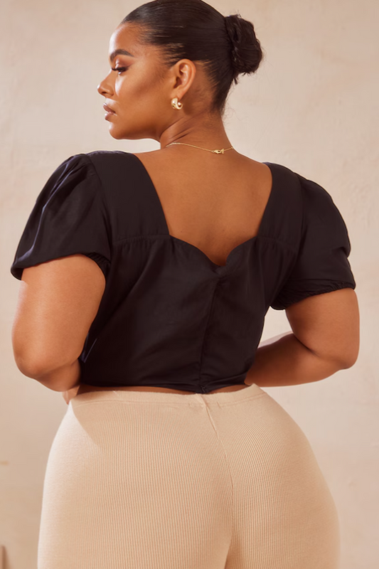 Plus Black Tie Front Corset Blouse