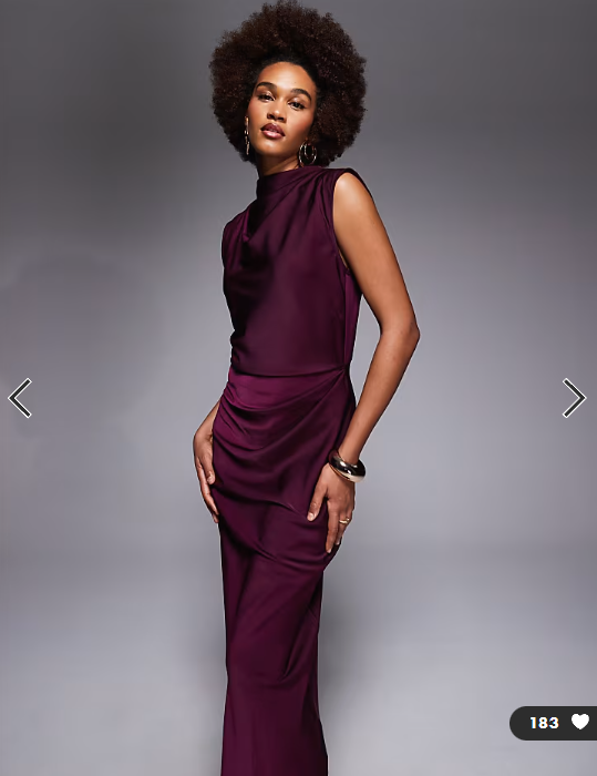 ASOS DESIGN Tall satin high neck pleated bodice midi dress in berry