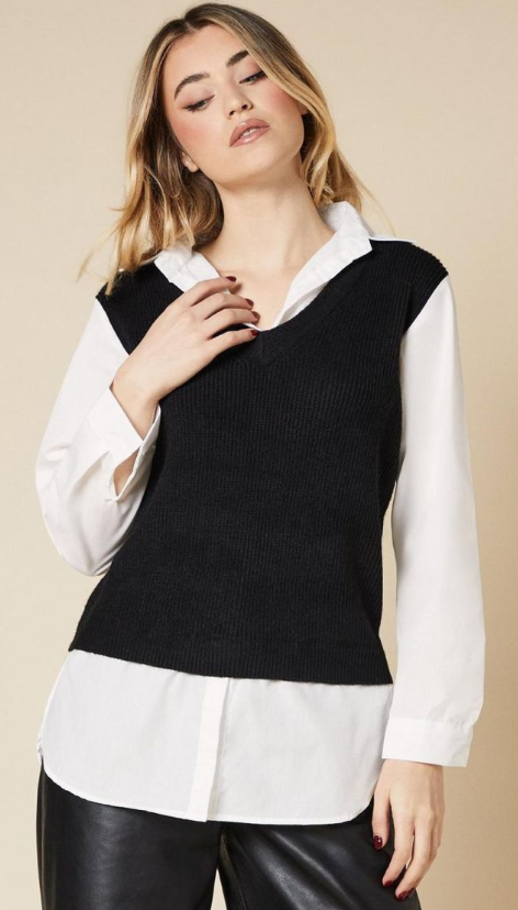 2 in 1 Shirt and V Neck Knitted Sweater Vest
