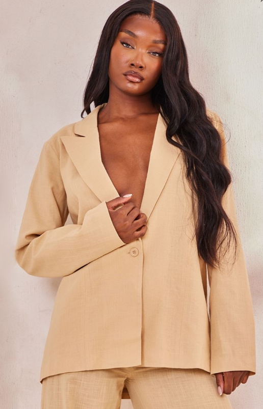 Plt - Tall Sand Linen Look Oversized Blazer