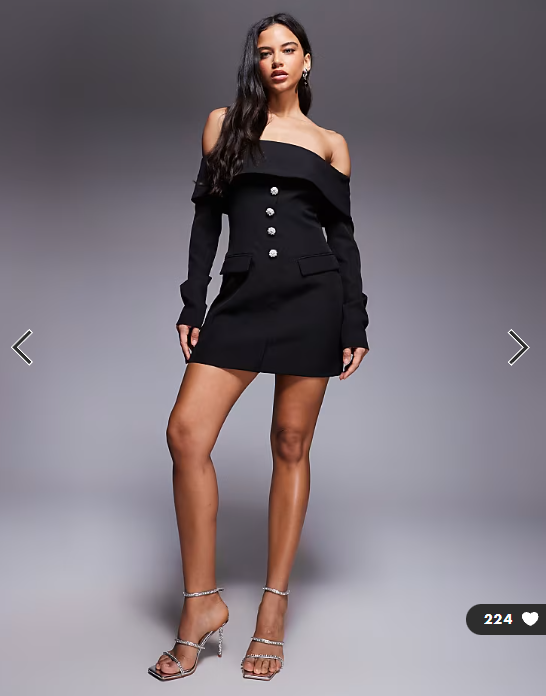 Kaiia Exclusive bardot foldover tailored long sleeve diamante button detail mini dress in black