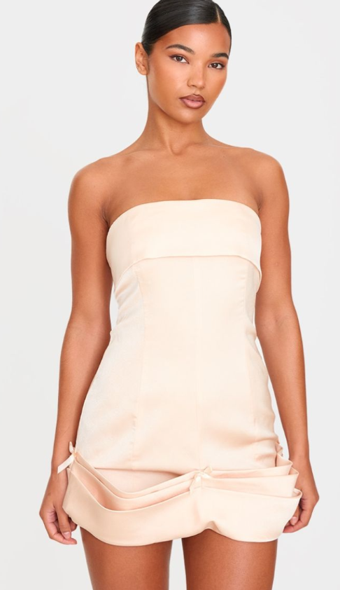 Champagne Satin Bow Detail Bodycon Dress