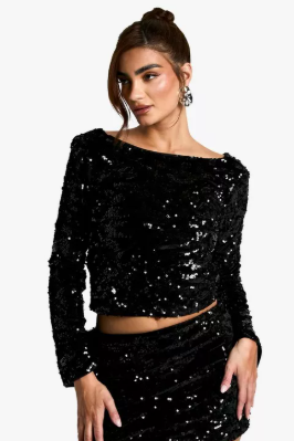 Velvet Sequin Scoop Back Long Sleeve Top |