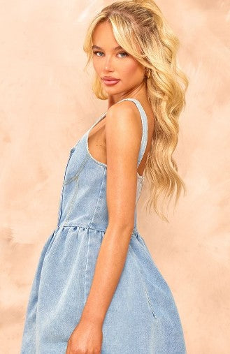 Light Blue Wash Denim Contrast Stitch Corset Skater Dress