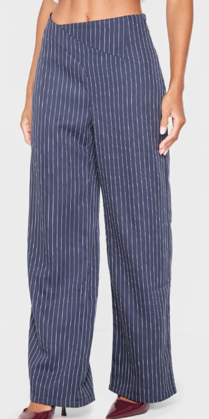 Plt - Navy Pinstripe Dipped Waist Straight Leg Trousers