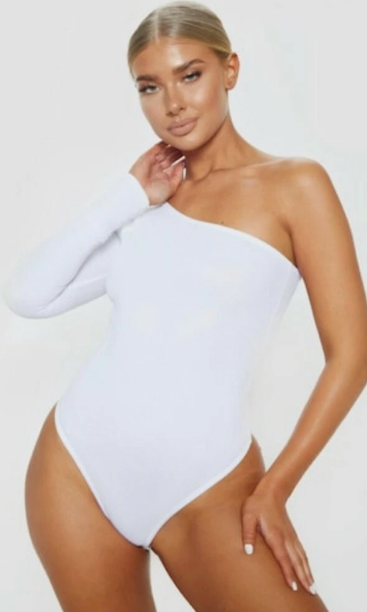 White Stretch Crepe One Shoulder Thong Bodysuit
